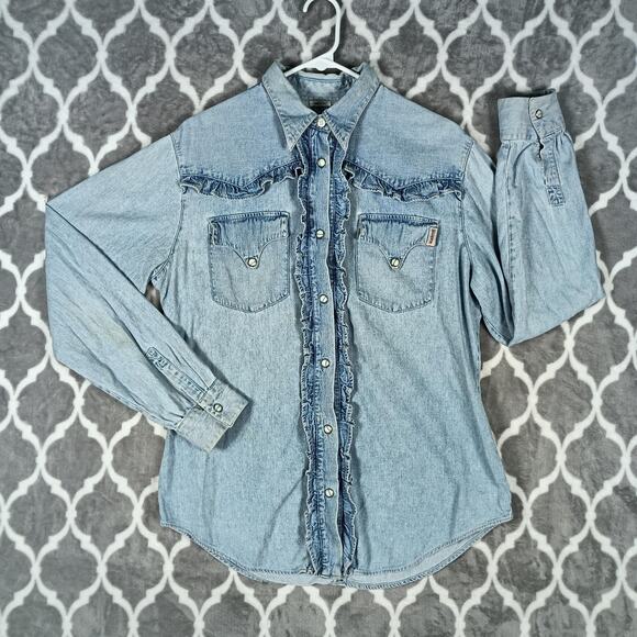 VTG Guess Western Shirt Women Large Blue Denim Pearl Snap Ruffle 90s - Picture 3 of 8